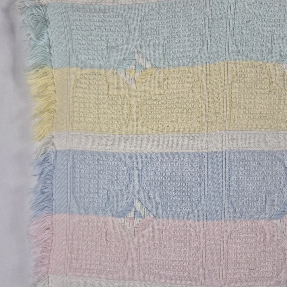Vintage Pastel‎ Hearts Baby Blanket Fringe Waffle Knit Pink Blue Unisex